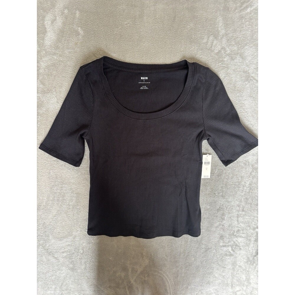 Maeve by Anthropologie Ribbed Scoop Neck Top Black Short Sleeve Womens Large NWT